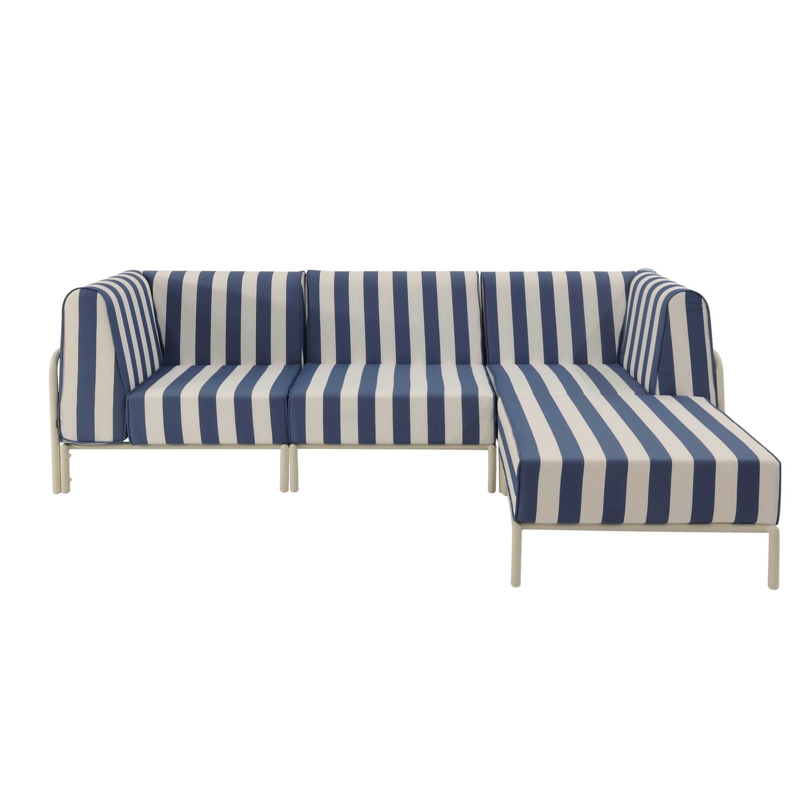 Modulare Gartenmöbel für 4 Personen bestehend aus 1 Sessel, 2 Ecksesseln und 1 Sitzsack im gestreiften Design
