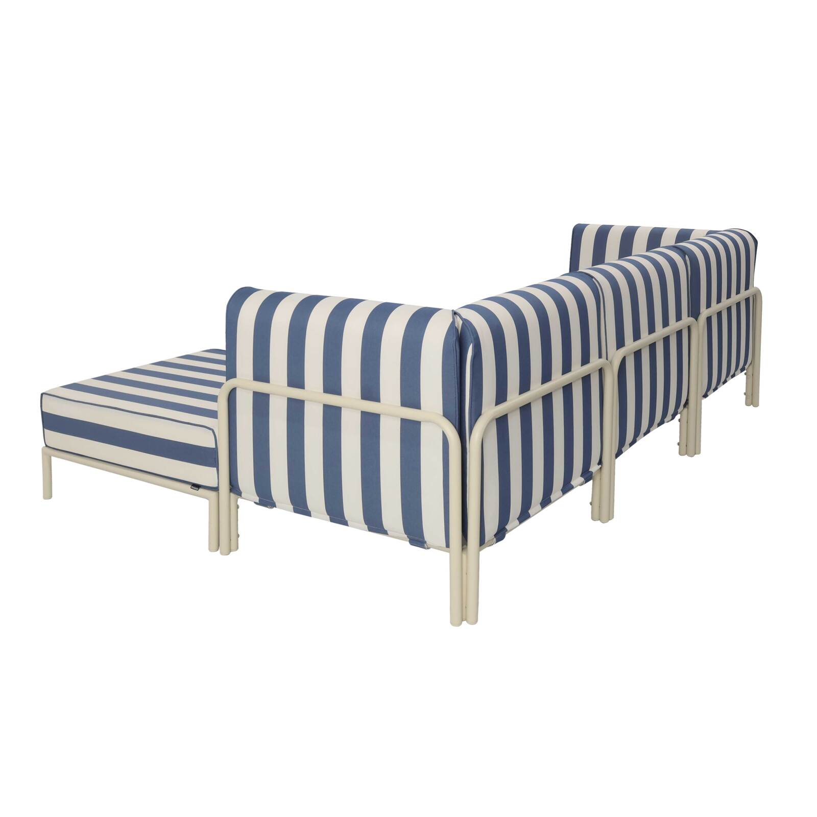 Modulare Gartenmöbel für 4 Personen bestehend aus 1 Sessel, 2 Ecksesseln und 1 Sitzsack im gestreiften Design