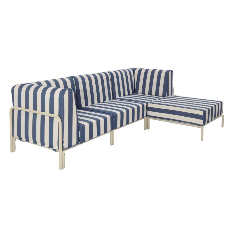 Modulare Gartenmöbel für 4 Personen bestehend aus 1 Sessel, 2 Ecksesseln und 1 Sitzsack im gestreiften Design