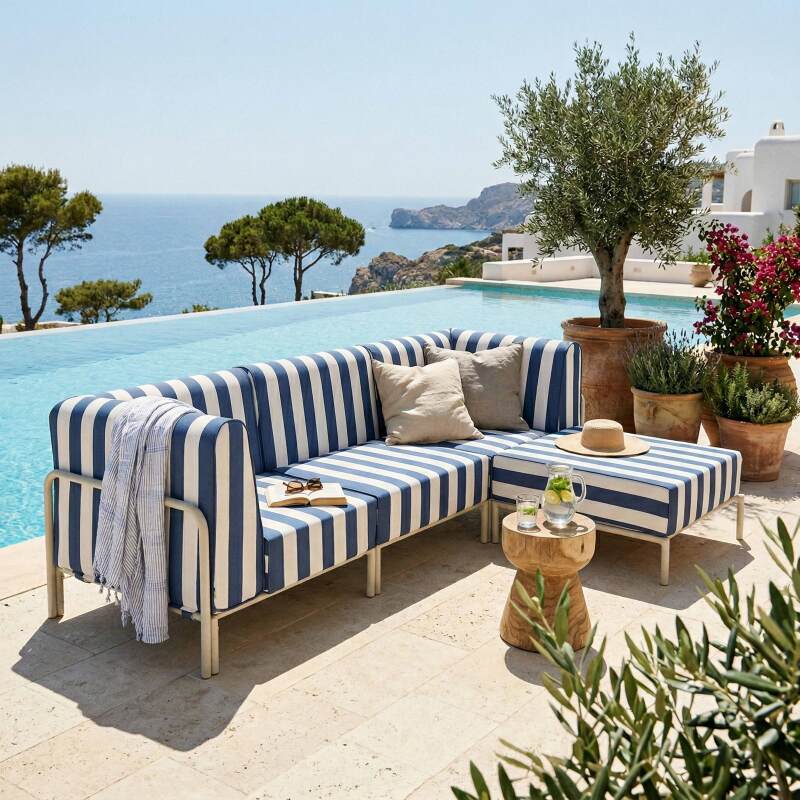 Modulare Gartenmöbel für 4 Personen bestehend aus 1 Sessel, 2 Ecksesseln und 1 Sitzsack im gestreiften Design
