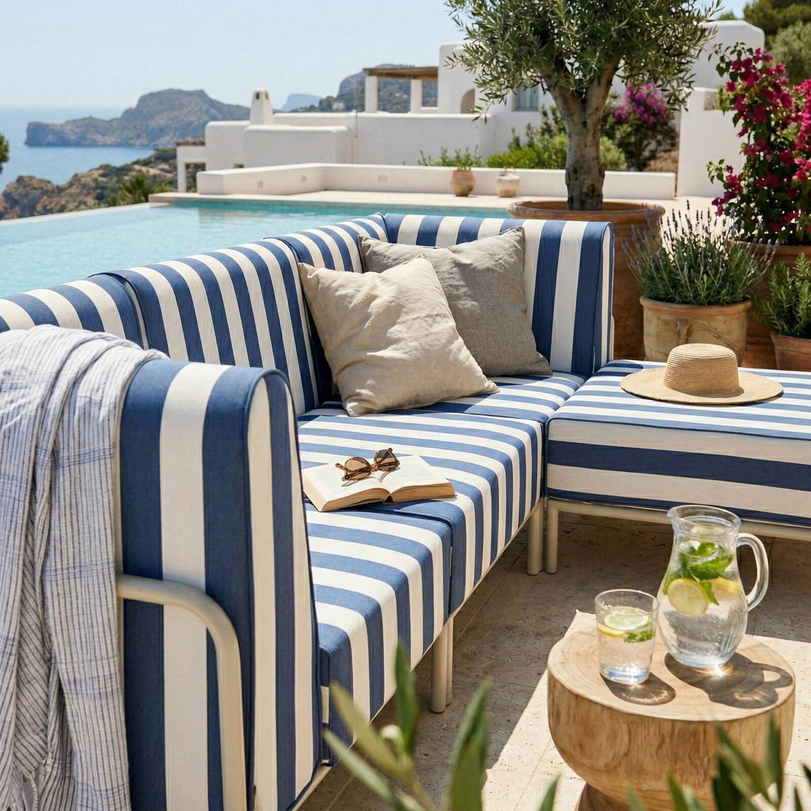 Modulare Gartenmöbel für 4 Personen bestehend aus 1 Sessel, 2 Ecksesseln und 1 Sitzsack im gestreiften Design