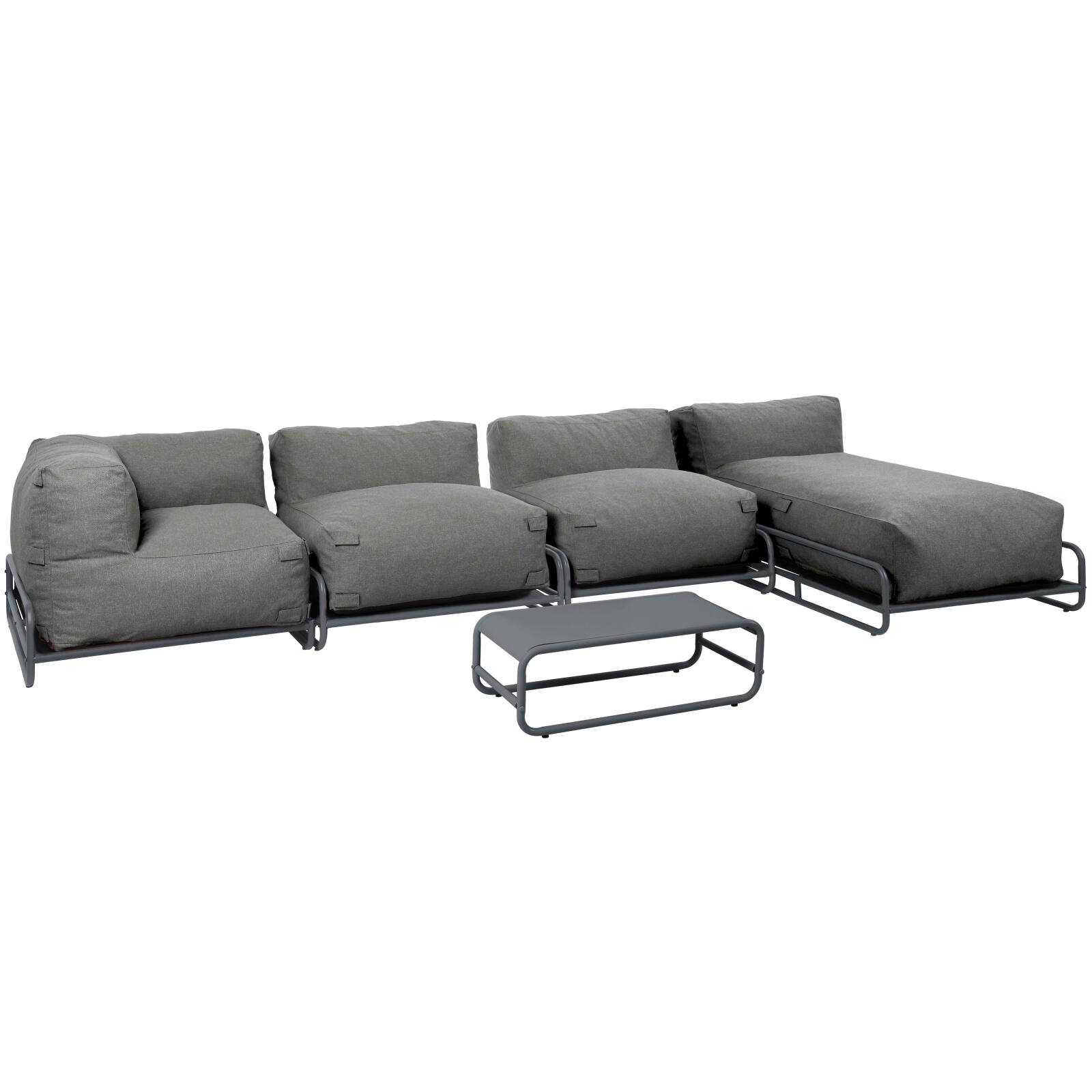 Modulare Gartenmöbel für 5 Personen mit Gestell, 2 Sesseln, 1 Ecksessel, 1 Chaiselongue, 1 Pouf und Couchtisch