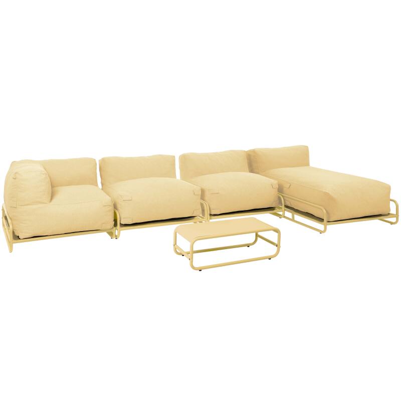 Modulare Gartenmöbel für 5 Personen mit Gestell, 2 Sesseln, 1 Ecksessel, 1 Chaiselongue, 1 Pouf und Couchtisch