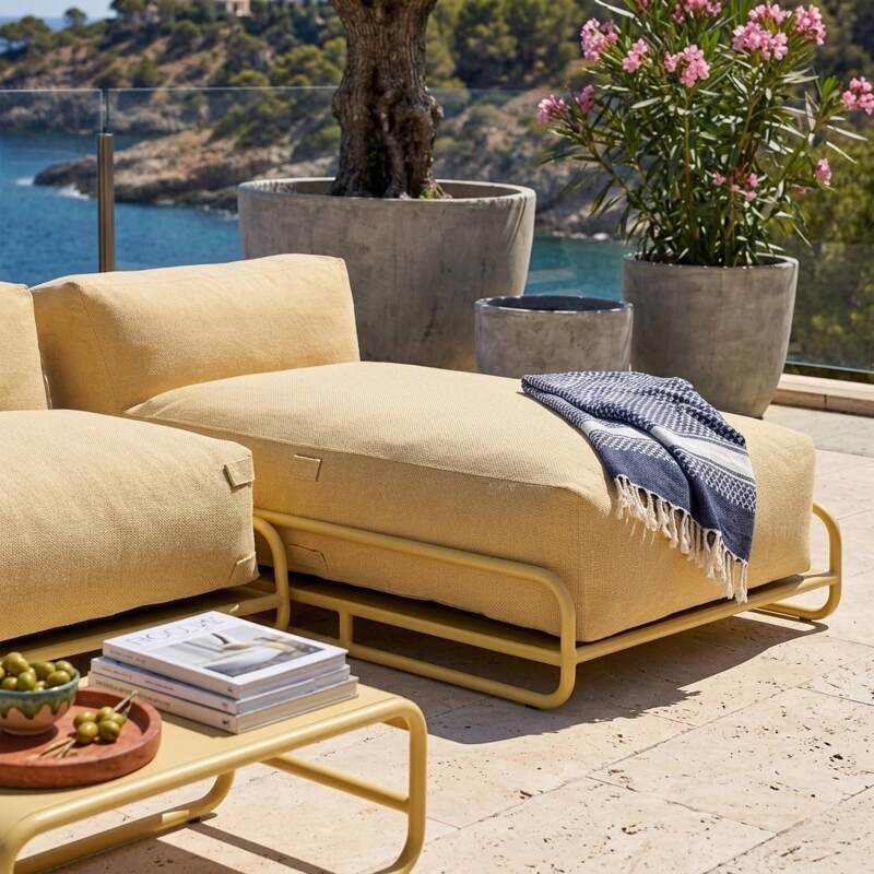 Modulare Gartenmöbel für 5 Personen mit Gestell, 2 Sesseln, 1 Ecksessel, 1 Chaiselongue, 1 Pouf und Couchtisch (2/7)