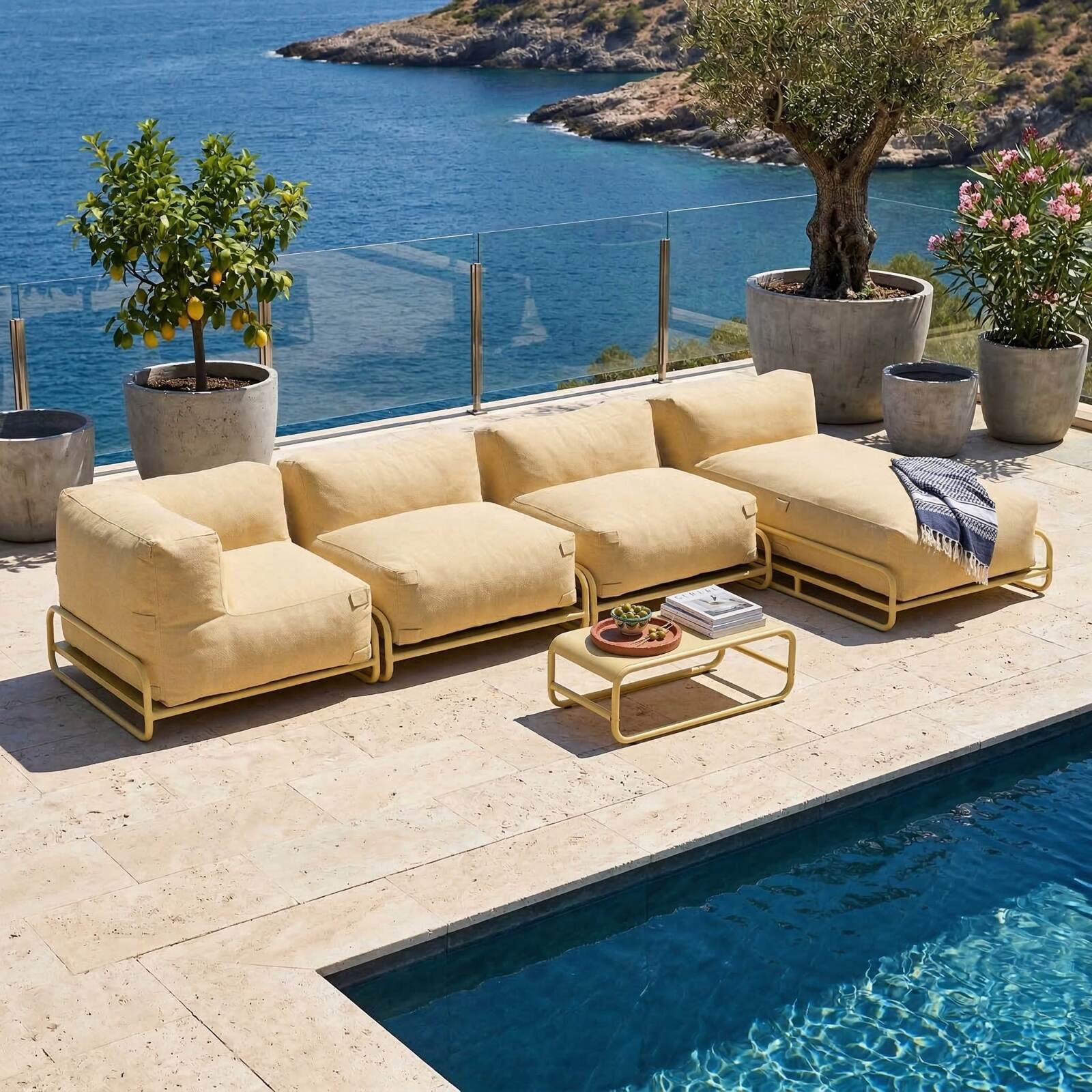 Modulare Gartenmöbel für 5 Personen mit Gestell, 2 Sesseln, 1 Ecksessel, 1 Chaiselongue, 1 Pouf und Couchtisch