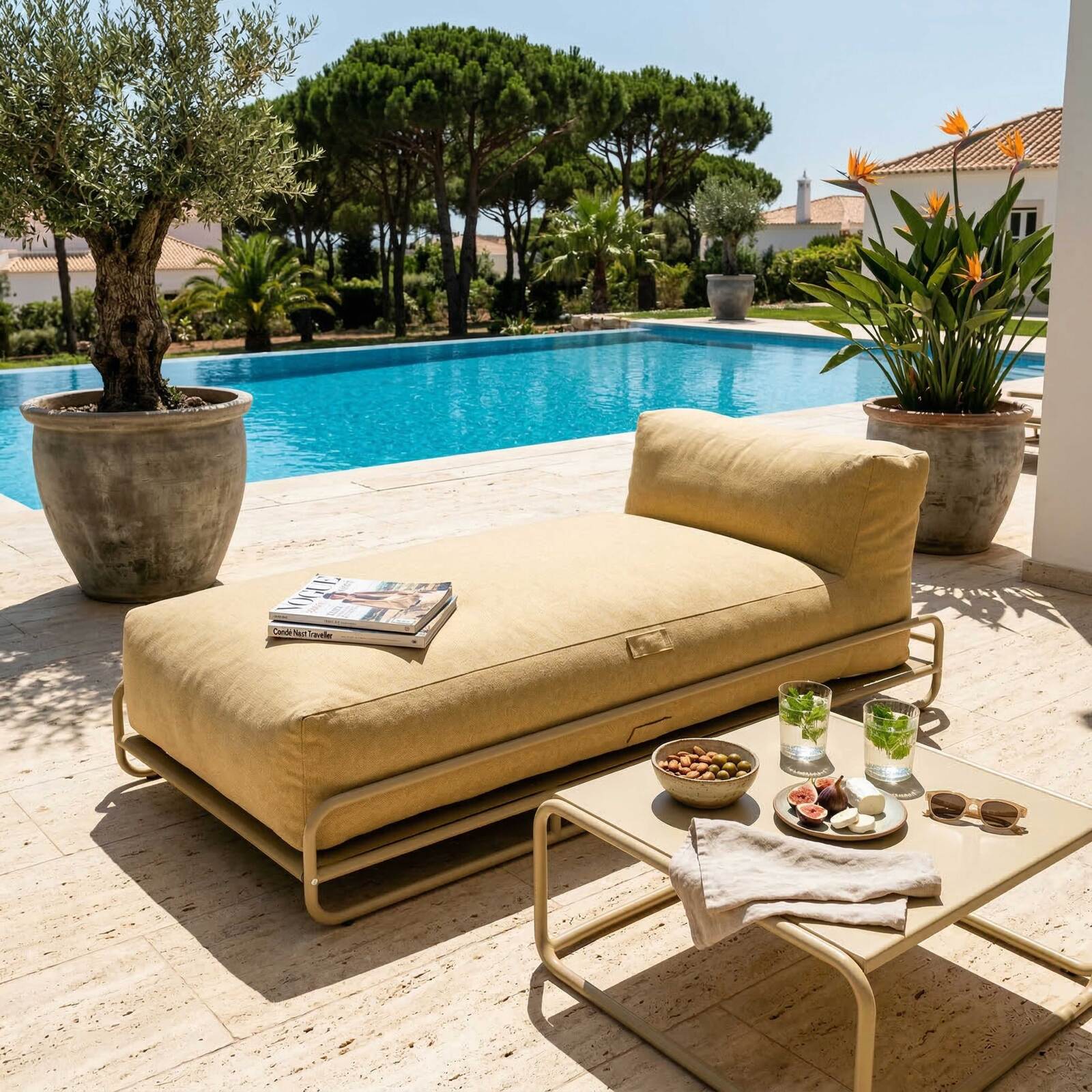 Modulare Gartenmöbel für 5 Personen mit Gestell, 2 Sesseln, 1 Ecksessel, 1 Chaiselongue, 1 Pouf und Couchtisch