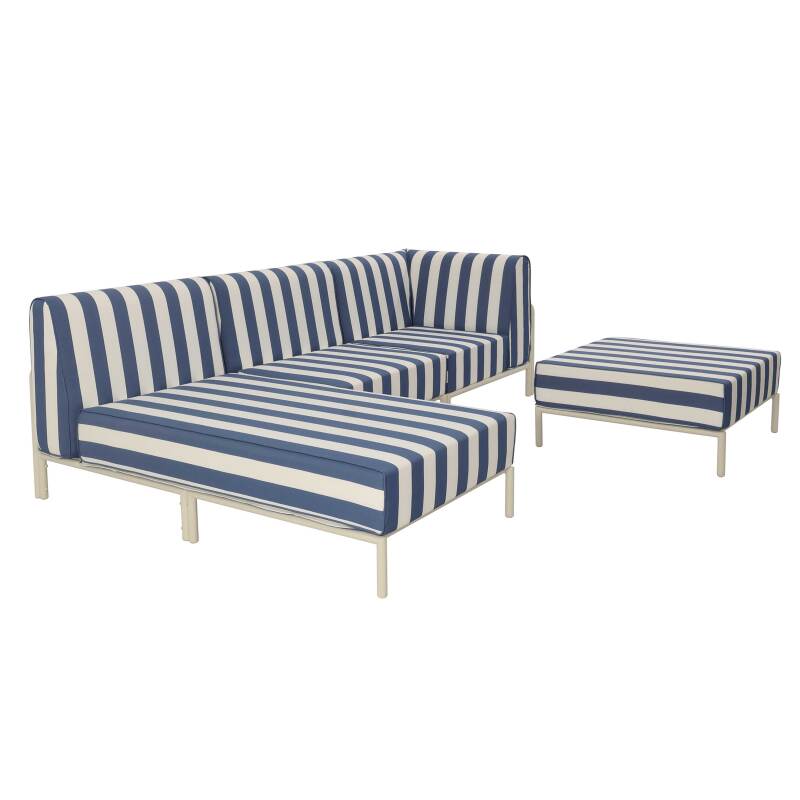 Modulare Gartenmöbel für 4 Personen bestehend aus 1 Sessel, 1 Ecksessel, 1 Chaiselongue und 1 Sitzsack im gestreiften Design