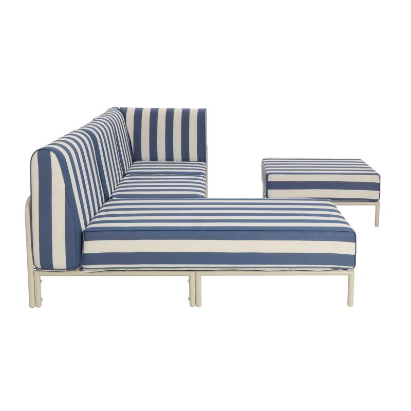 Modulare Gartenmöbel für 4 Personen bestehend aus 1 Sessel, 1 Ecksessel, 1 Chaiselongue und 1 Sitzsack im gestreiften Design (6/7)