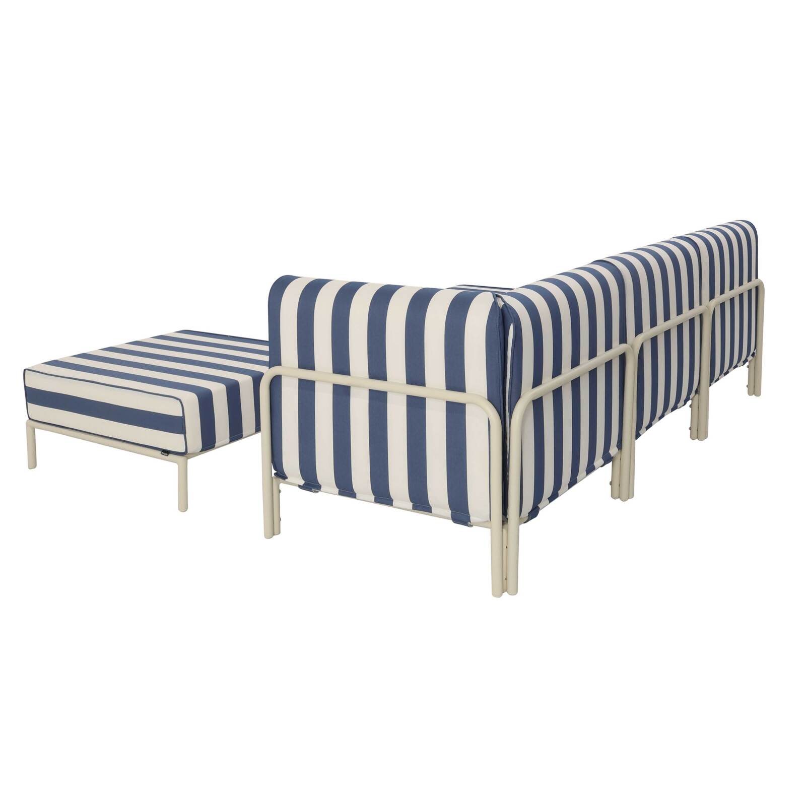 Modulare Gartenmöbel für 4 Personen bestehend aus 1 Sessel, 1 Ecksessel, 1 Chaiselongue und 1 Sitzsack im gestreiften Design
