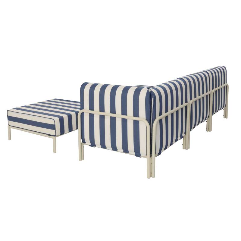Modulare Gartenmöbel für 4 Personen bestehend aus 1 Sessel, 1 Ecksessel, 1 Chaiselongue und 1 Sitzsack im gestreiften Design (4/7)