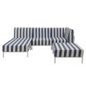 Modulare Gartenmöbel für 4 Personen bestehend aus 1 Sessel, 1 Ecksessel, 1 Chaiselongue und 1 Sitzsack im gestreiften Design