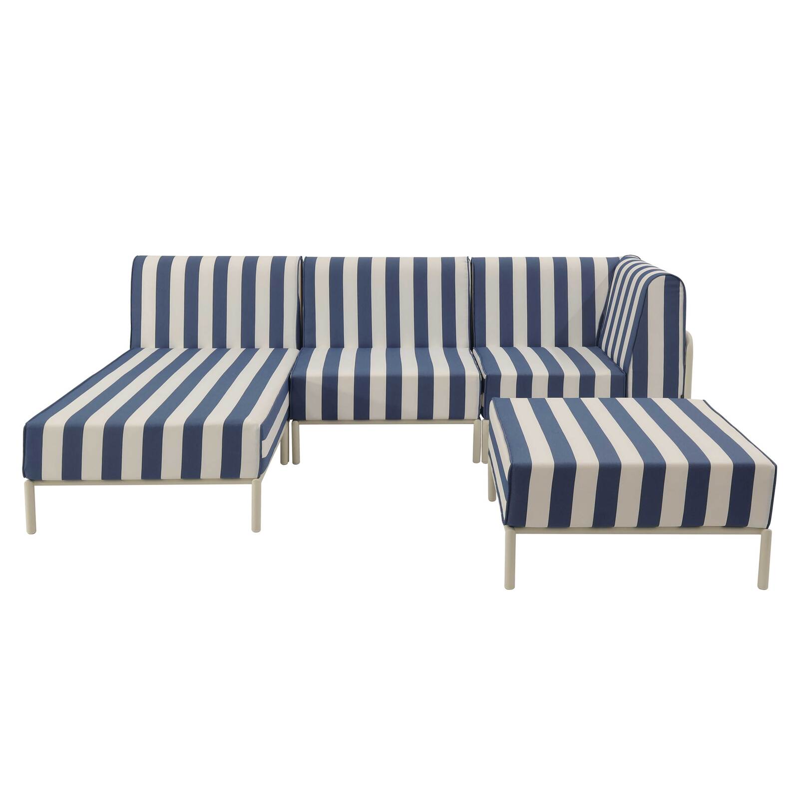 Modulare Gartenmöbel für 4 Personen bestehend aus 1 Sessel, 1 Ecksessel, 1 Chaiselongue und 1 Sitzsack im gestreiften Design