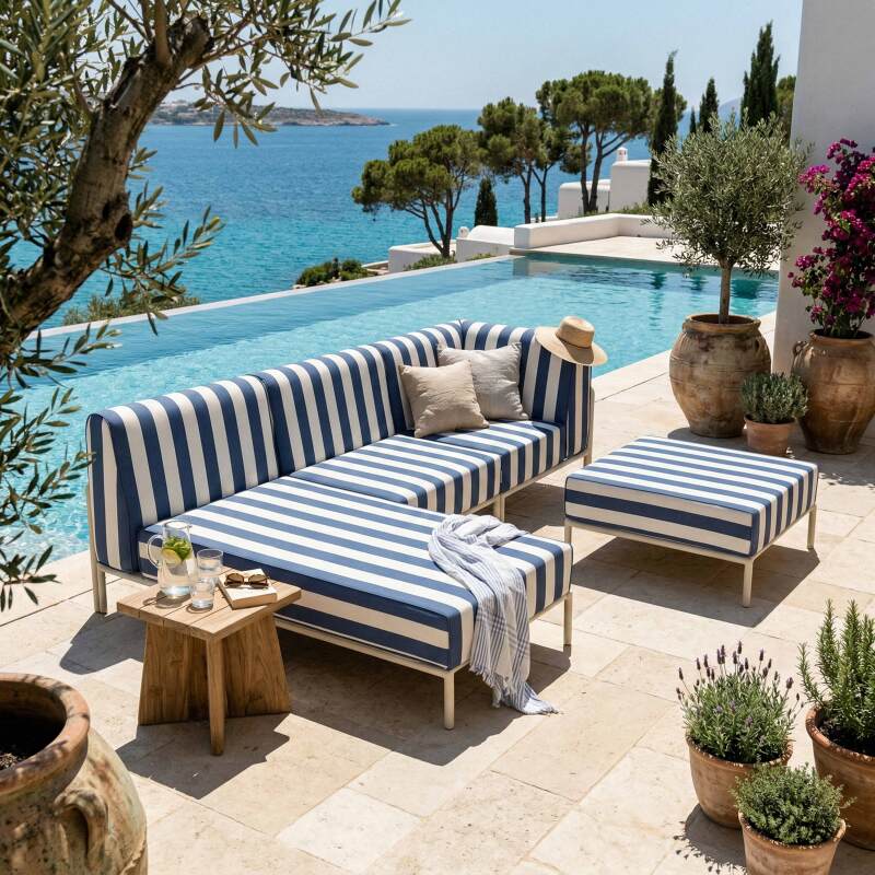 Modulare Gartenmöbel für 4 Personen bestehend aus 1 Sessel, 1 Ecksessel, 1 Chaiselongue und 1 Sitzsack im gestreiften Design