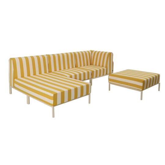 Modulare Gartenmöbel für 4 Personen bestehend aus 1 Sessel, 1 Ecksessel, 1 Chaiselongue und 1 Sitzsack im gestreiften Design