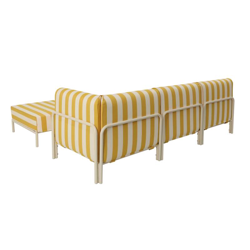 Modulare Gartenmöbel für 4 Personen bestehend aus 1 Sessel, 1 Ecksessel, 1 Chaiselongue und 1 Sitzsack im gestreiften Design (4/8)