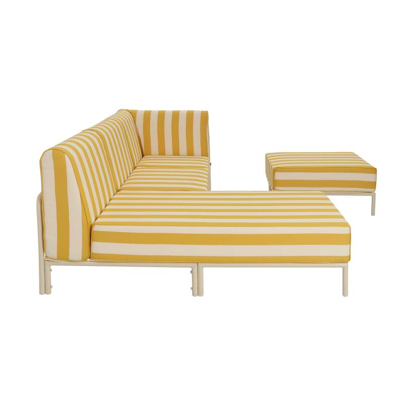 Modulare Gartenmöbel für 4 Personen bestehend aus 1 Sessel, 1 Ecksessel, 1 Chaiselongue und 1 Sitzsack im gestreiften Design (6/8)
