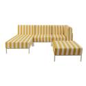 Modulare Gartenmöbel für 4 Personen bestehend aus 1 Sessel, 1 Ecksessel, 1 Chaiselongue und 1 Sitzsack im gestreiften Design