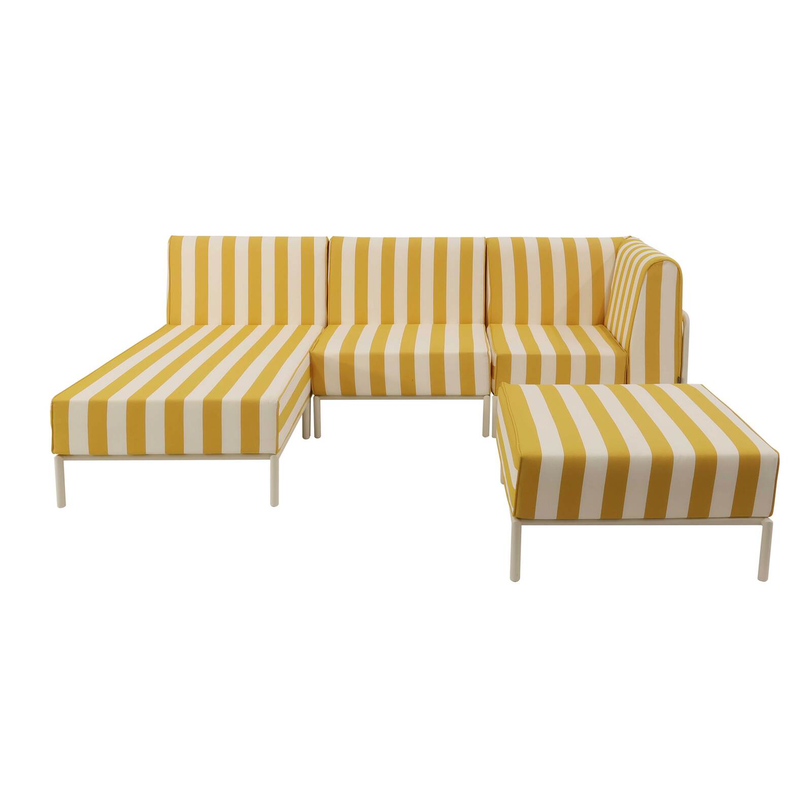 Modulare Gartenmöbel für 4 Personen bestehend aus 1 Sessel, 1 Ecksessel, 1 Chaiselongue und 1 Sitzsack im gestreiften Design