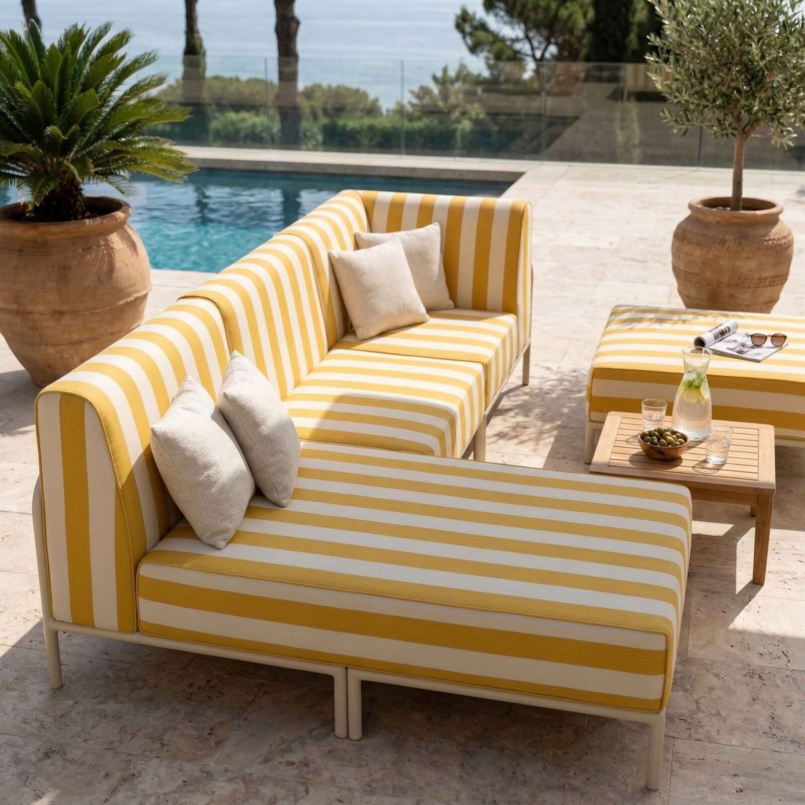 Modulare Gartenmöbel für 4 Personen bestehend aus 1 Sessel, 1 Ecksessel, 1 Chaiselongue und 1 Sitzsack im gestreiften Design