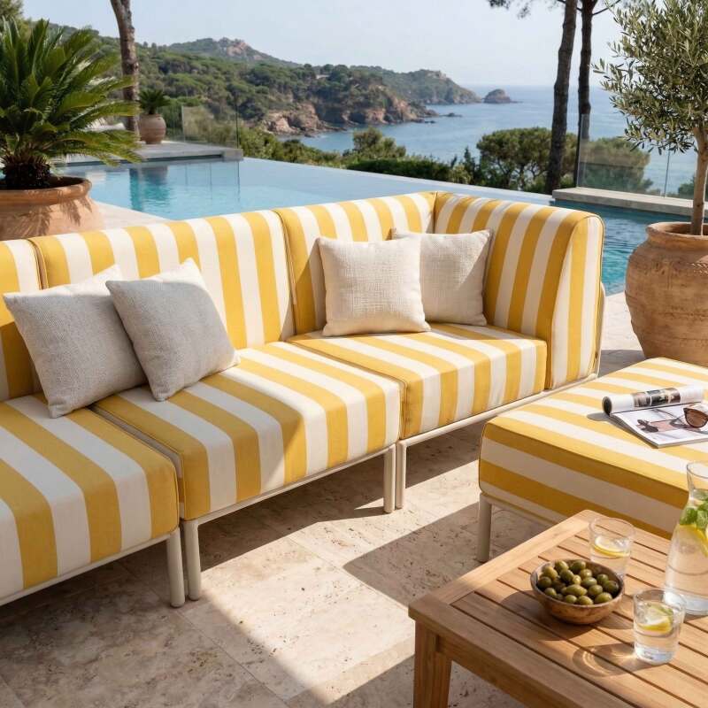 Modulare Gartenmöbel für 4 Personen bestehend aus 1 Sessel, 1 Ecksessel, 1 Chaiselongue und 1 Sitzsack im gestreiften Design (3/8)