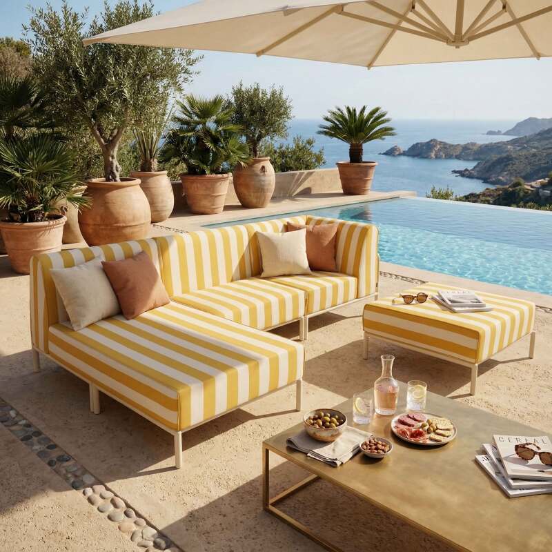 Modulare Gartenmöbel für 4 Personen bestehend aus 1 Sessel, 1 Ecksessel, 1 Chaiselongue und 1 Sitzsack im gestreiften Design (7/8)