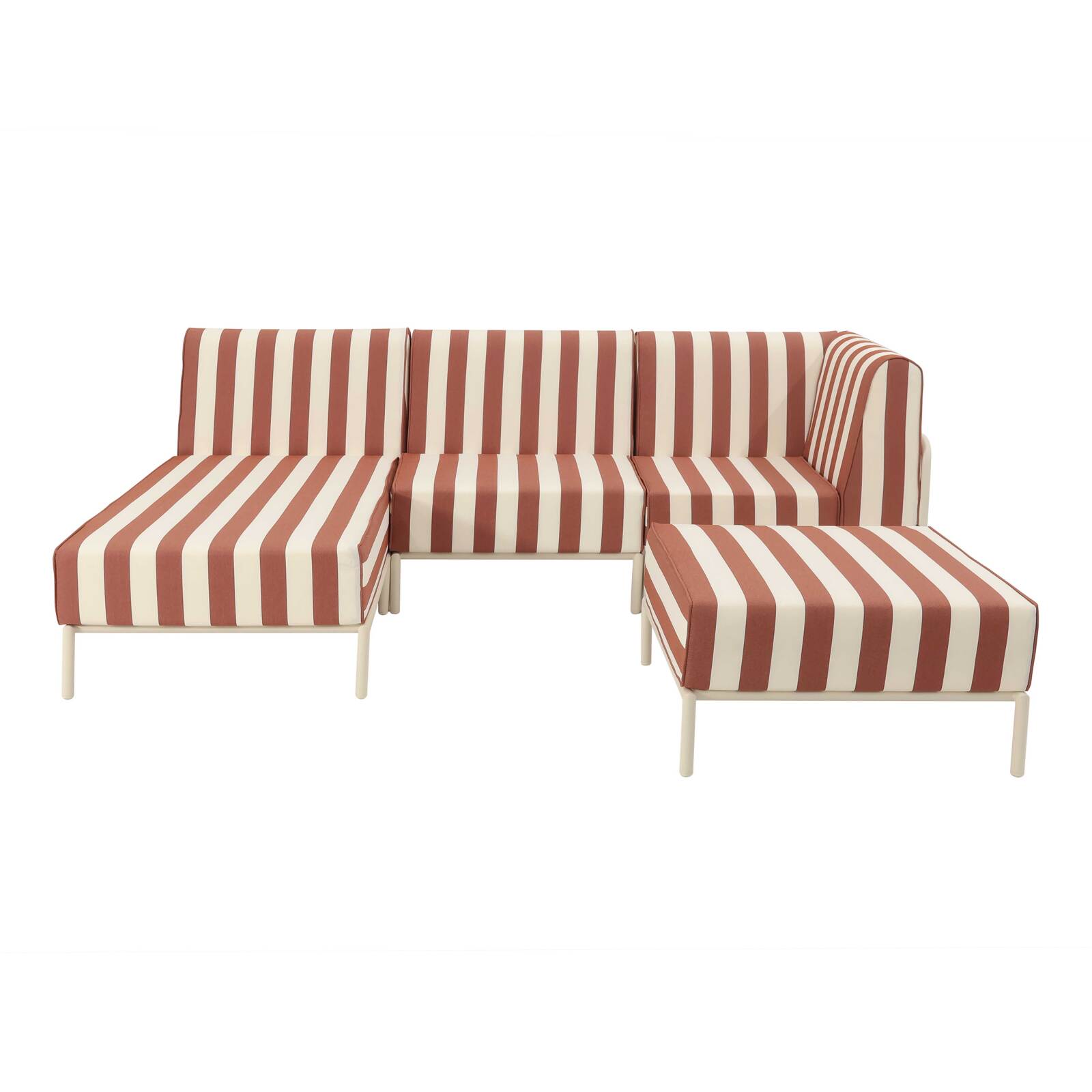 Modulare Gartenmöbel für 4 Personen bestehend aus 1 Sessel, 1 Ecksessel, 1 Chaiselongue und 1 Sitzsack im gestreiften Design