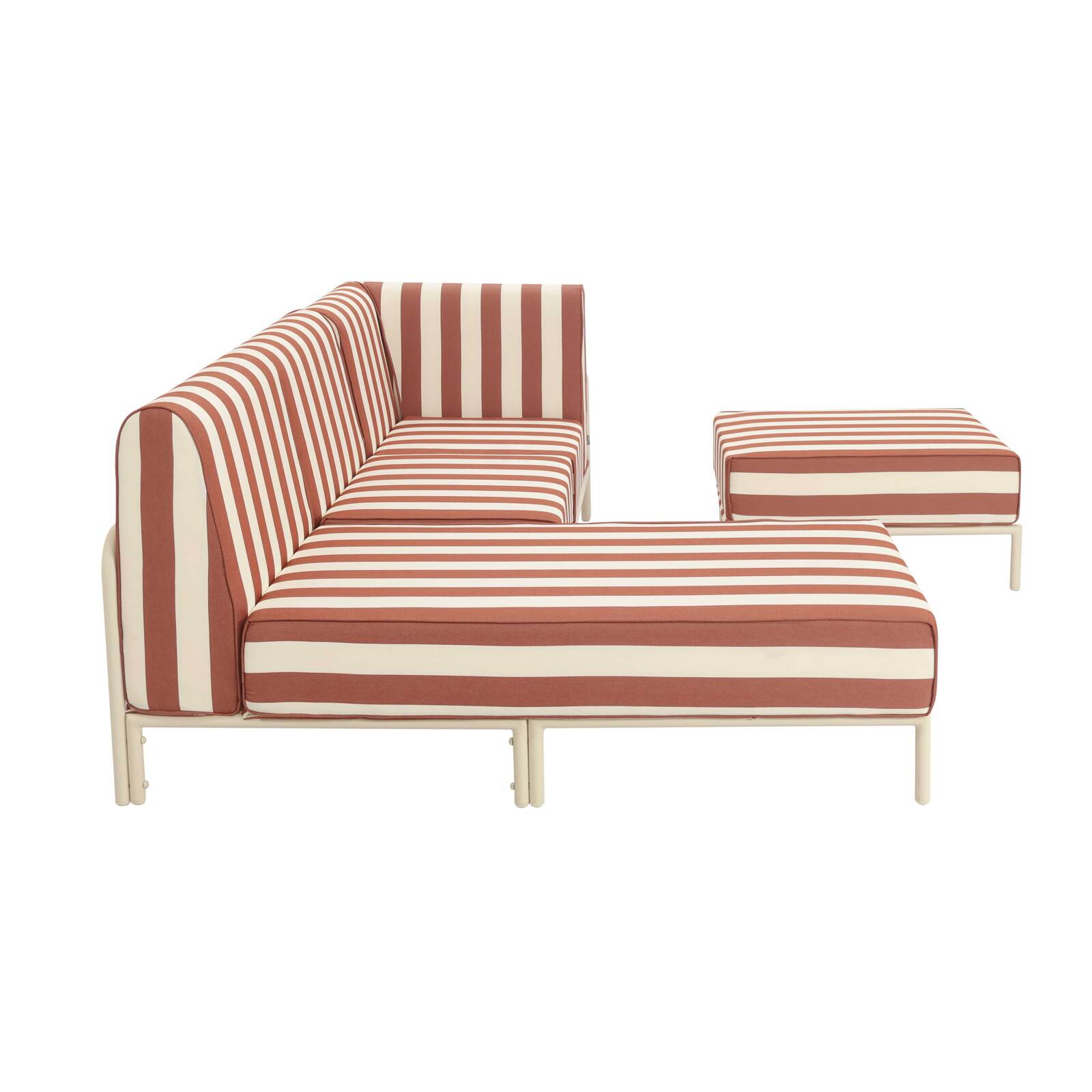 Modulare Gartenmöbel für 4 Personen bestehend aus 1 Sessel, 1 Ecksessel, 1 Chaiselongue und 1 Sitzsack im gestreiften Design