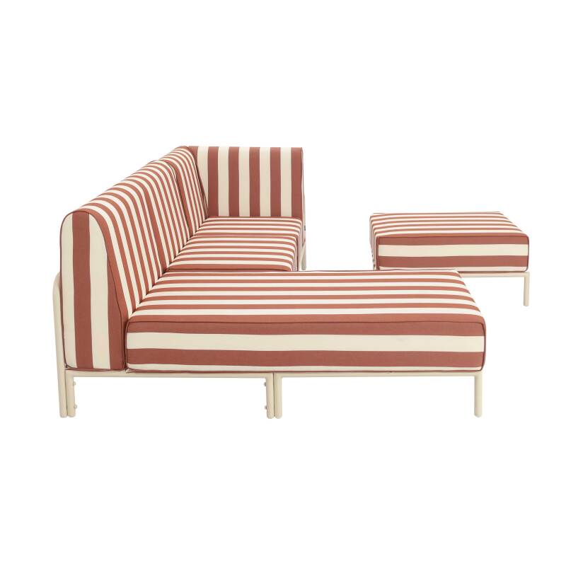Modulare Gartenmöbel für 4 Personen bestehend aus 1 Sessel, 1 Ecksessel, 1 Chaiselongue und 1 Sitzsack im gestreiften Design (5/6)
