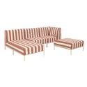 Modulare Gartenmöbel für 4 Personen bestehend aus 1 Sessel, 1 Ecksessel, 1 Chaiselongue und 1 Sitzsack im gestreiften Design