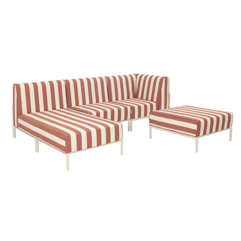 Modulare Gartenmöbel für 4 Personen bestehend aus 1 Sessel, 1 Ecksessel, 1 Chaiselongue und 1 Sitzsack im gestreiften Design