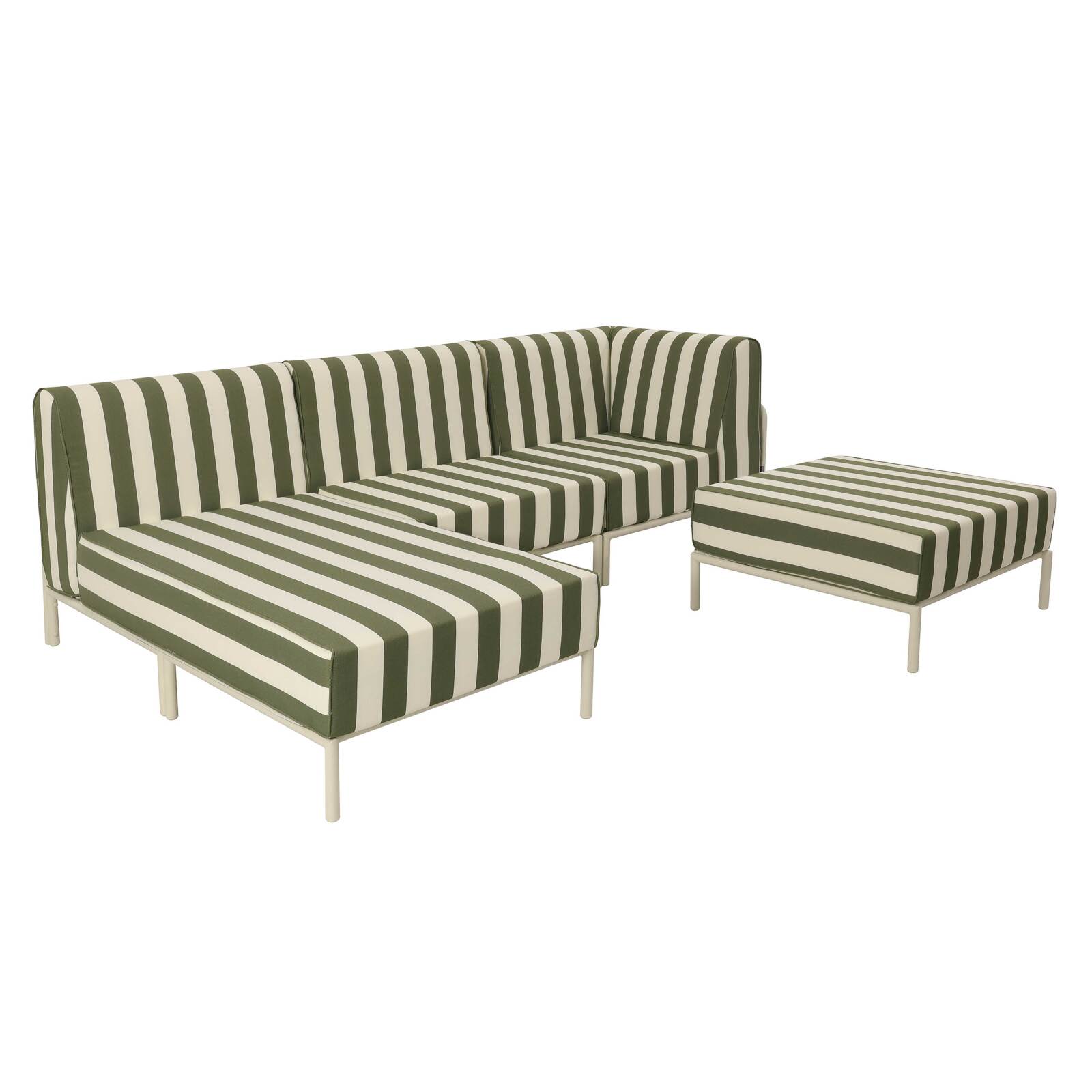 Modulare Gartenmöbel für 4 Personen bestehend aus 1 Sessel, 1 Ecksessel, 1 Chaiselongue und 1 Sitzsack im gestreiften Design