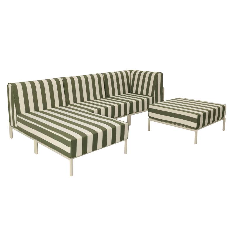 Modulare Gartenmöbel für 4 Personen bestehend aus 1 Sessel, 1 Ecksessel, 1 Chaiselongue und 1 Sitzsack im gestreiften Design