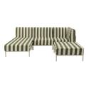 Modulare Gartenmöbel für 4 Personen bestehend aus 1 Sessel, 1 Ecksessel, 1 Chaiselongue und 1 Sitzsack im gestreiften Design