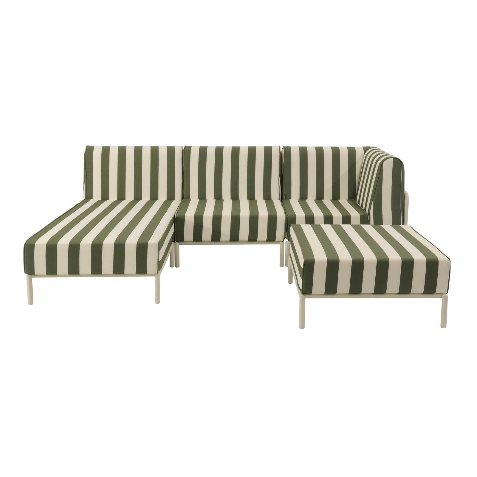 Modulare Gartenmöbel für 4 Personen bestehend aus 1 Sessel, 1 Ecksessel, 1 Chaiselongue und 1 Sitzsack im gestreiften Design