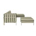 Modulare Gartenmöbel für 4 Personen bestehend aus 1 Sessel, 1 Ecksessel, 1 Chaiselongue und 1 Sitzsack im gestreiften Design