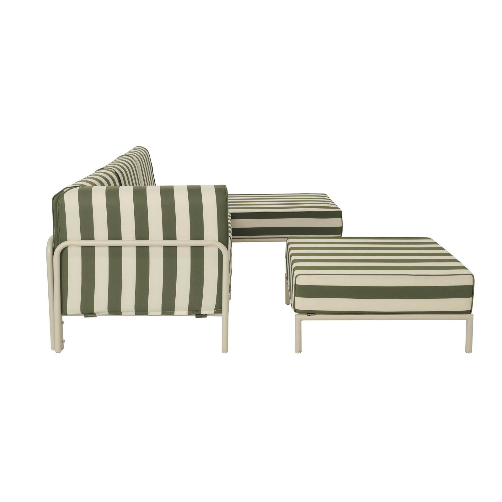 Modulare Gartenmöbel für 4 Personen bestehend aus 1 Sessel, 1 Ecksessel, 1 Chaiselongue und 1 Sitzsack im gestreiften Design