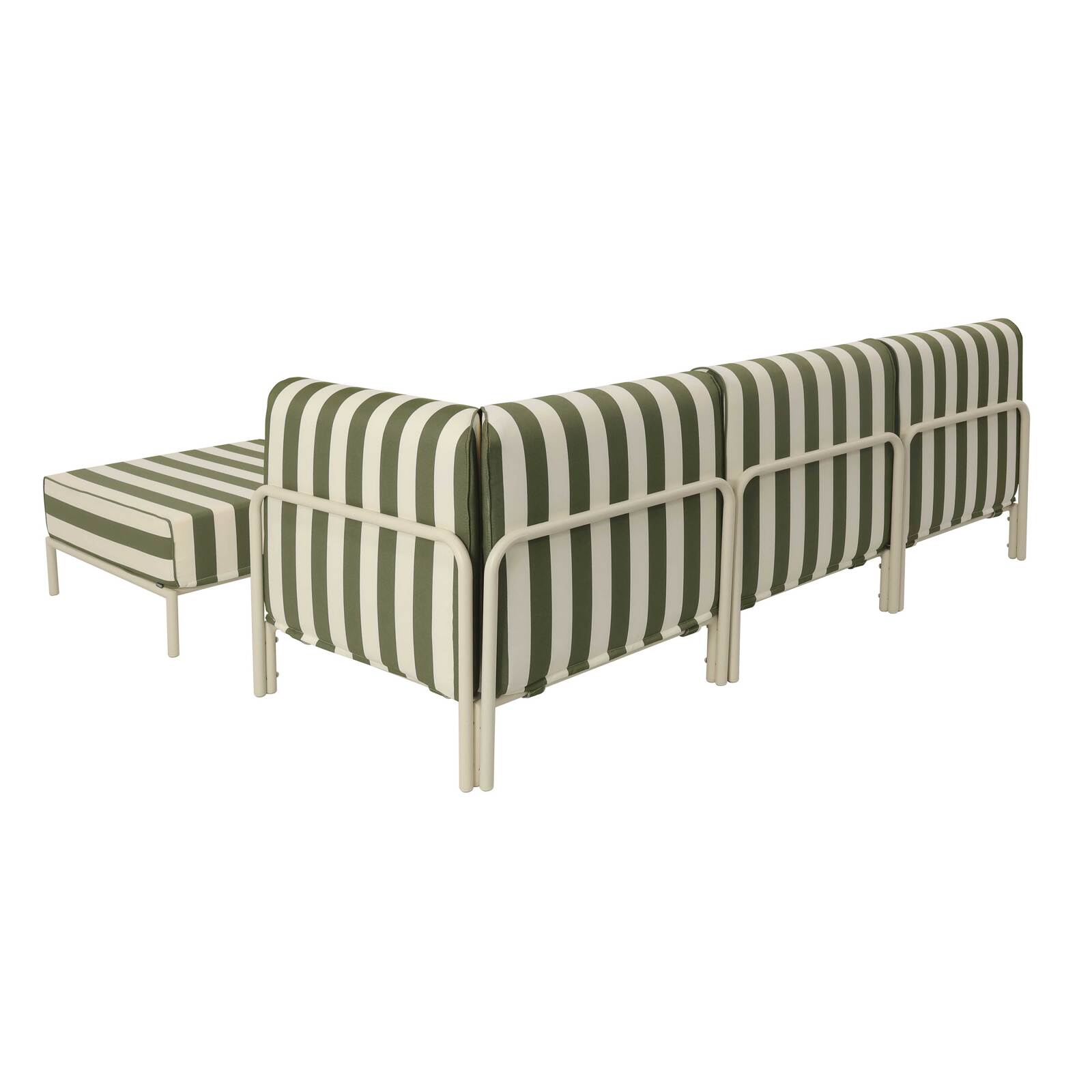 Modulare Gartenmöbel für 4 Personen bestehend aus 1 Sessel, 1 Ecksessel, 1 Chaiselongue und 1 Sitzsack im gestreiften Design