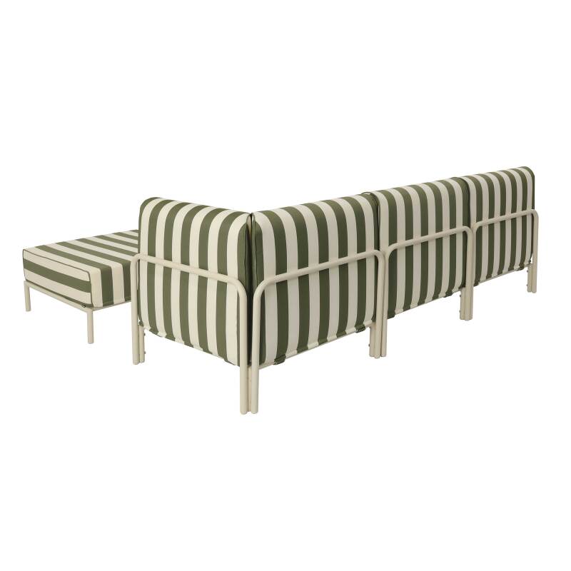 Modulare Gartenmöbel für 4 Personen bestehend aus 1 Sessel, 1 Ecksessel, 1 Chaiselongue und 1 Sitzsack im gestreiften Design (4/7)