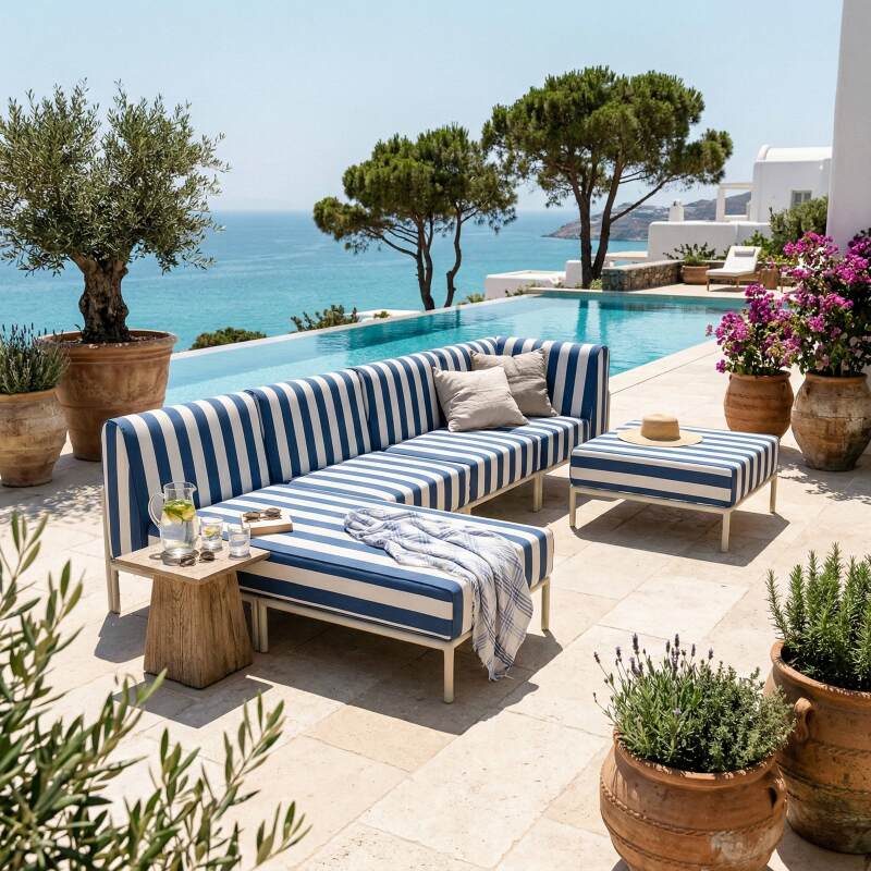 Modulare Gartenmöbel für 5 Personen bestehend aus 2 Sesseln, 1 Ecksessel, 1 Chaiselongue und 1 Sitzsack im gestreiften Design