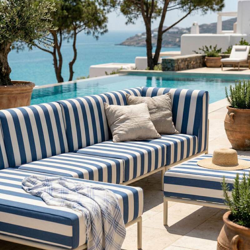 Modulare Gartenmöbel für 5 Personen bestehend aus 2 Sesseln, 1 Ecksessel, 1 Chaiselongue und 1 Sitzsack im gestreiften Design (2/7)