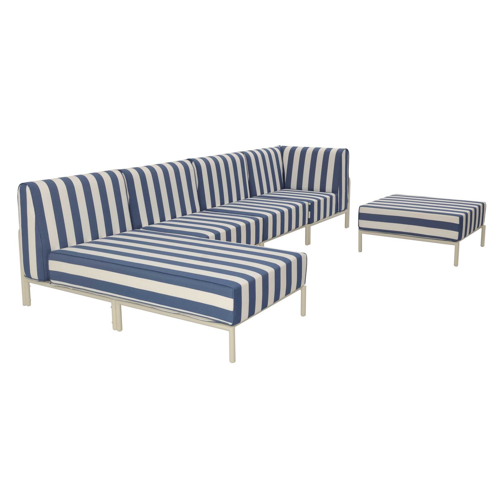 Modulare Gartenmöbel für 5 Personen bestehend aus 2 Sesseln, 1 Ecksessel, 1 Chaiselongue und 1 Sitzsack im gestreiften Design