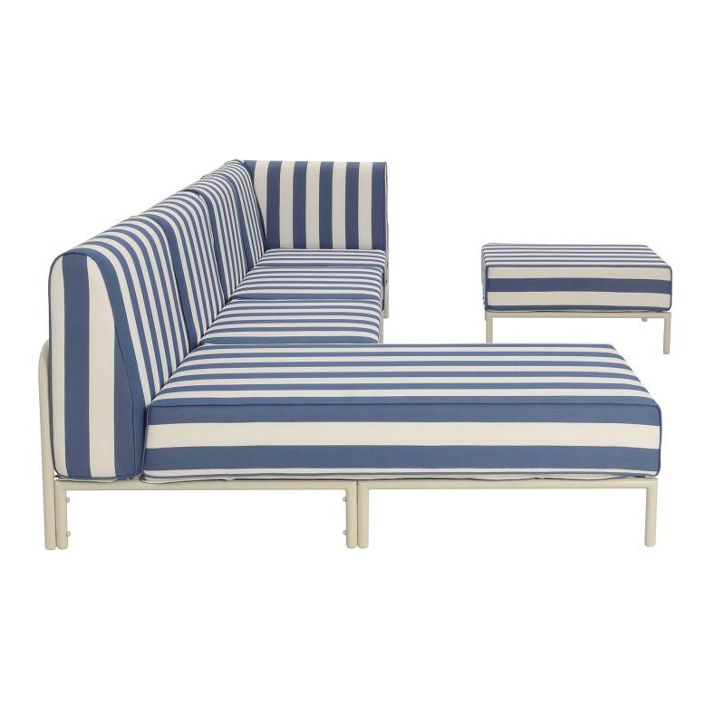 Modulare Gartenmöbel für 5 Personen bestehend aus 2 Sesseln, 1 Ecksessel, 1 Chaiselongue und 1 Sitzsack im gestreiften Design (6/7)