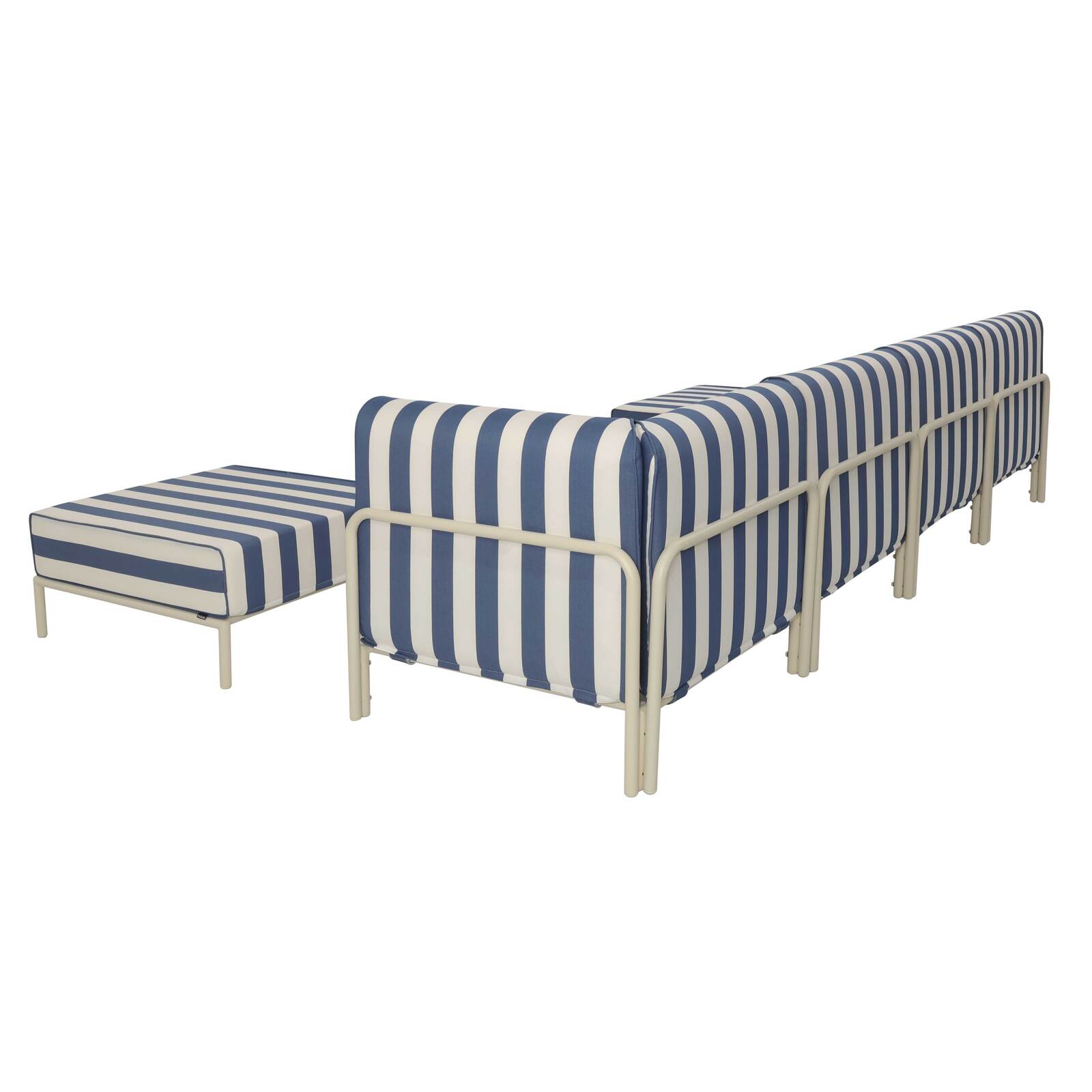 Modulare Gartenmöbel für 5 Personen bestehend aus 2 Sesseln, 1 Ecksessel, 1 Chaiselongue und 1 Sitzsack im gestreiften Design