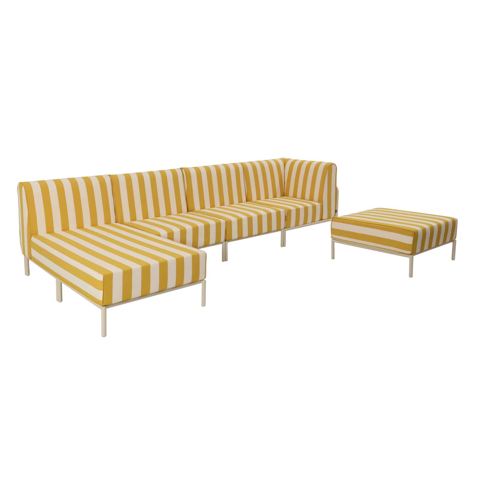 Modulare Gartenmöbel für 5 Personen bestehend aus 2 Sesseln, 1 Ecksessel, 1 Chaiselongue und 1 Sitzsack im gestreiften Design