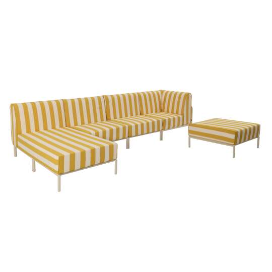 Modulare Gartenmöbel für 5 Personen bestehend aus 2 Sesseln, 1 Ecksessel, 1 Chaiselongue und 1 Sitzsack im gestreiften Design