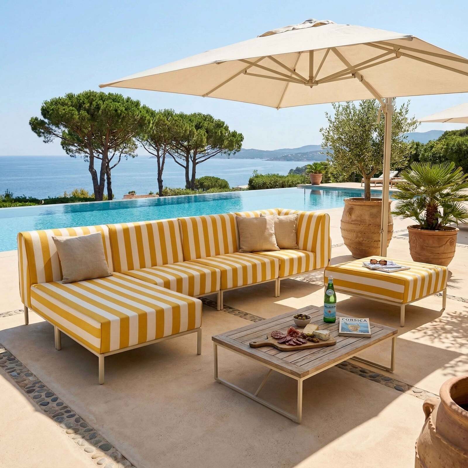 Modulare Gartenmöbel für 5 Personen bestehend aus 2 Sesseln, 1 Ecksessel, 1 Chaiselongue und 1 Sitzsack im gestreiften Design