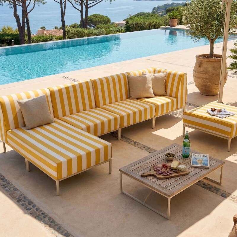 Modulare Gartenmöbel für 5 Personen bestehend aus 2 Sesseln, 1 Ecksessel, 1 Chaiselongue und 1 Sitzsack im gestreiften Design (2/8)