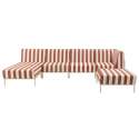Modulare Gartenmöbel für 5 Personen bestehend aus 2 Sesseln, 1 Ecksessel, 1 Chaiselongue und 1 Sitzsack im gestreiften Design