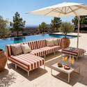 Modulare Gartenmöbel für 5 Personen bestehend aus 2 Sesseln, 1 Ecksessel, 1 Chaiselongue und 1 Sitzsack im gestreiften Design