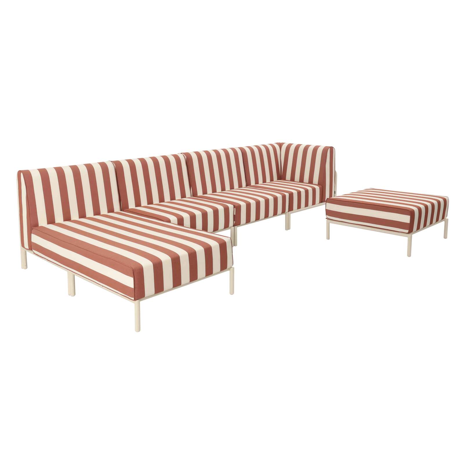 Modulare Gartenmöbel für 5 Personen bestehend aus 2 Sesseln, 1 Ecksessel, 1 Chaiselongue und 1 Sitzsack im gestreiften Design